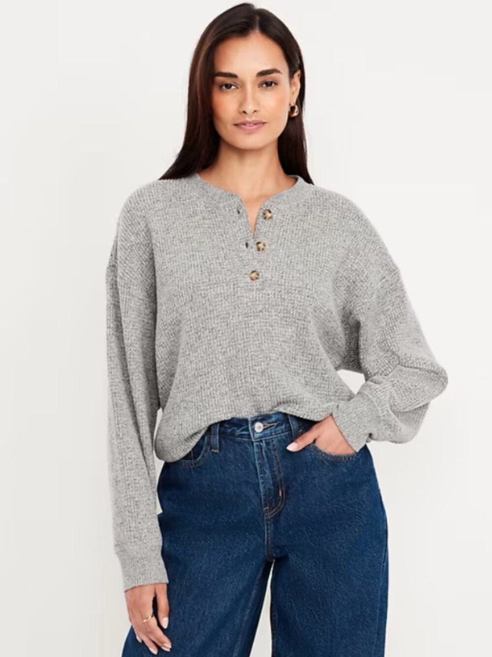 Old Navy Gray Long Sleeve Waffle Knit Henley Sweater, L